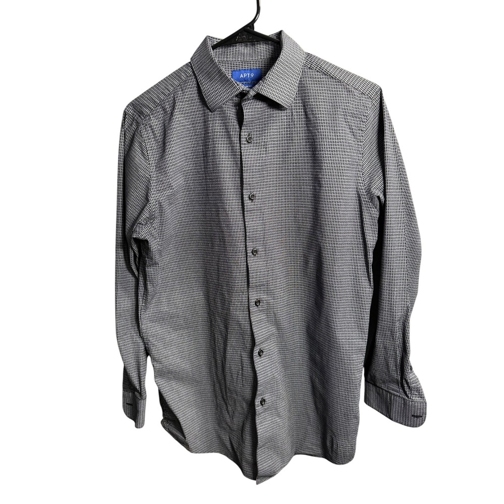 Apt 9 Mens Slim Fit Dress Shirt Black White Micro Pattern Long Sleeve M 15-15.5